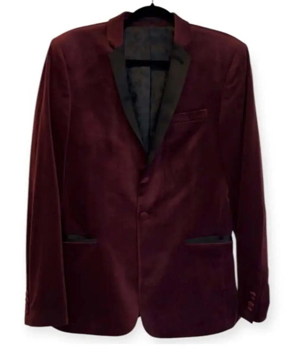 ASOS Velvet Single Breasted Burgundy Slim Fit Dress Party Tuxedo Blazer-Chest 40